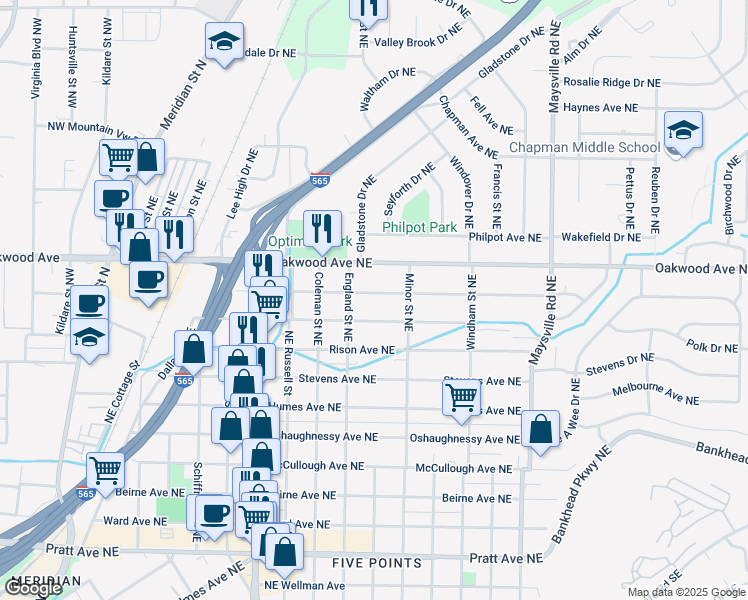 map of restaurants, bars, coffee shops, grocery stores, and more near 1216 Mckinley Avenue Northeast in Huntsville