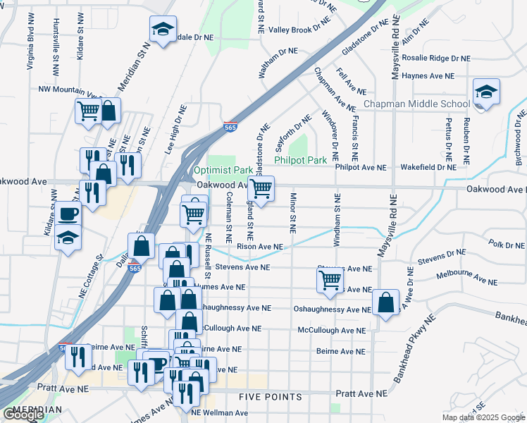 map of restaurants, bars, coffee shops, grocery stores, and more near 1104 Mckinley Avenue Northeast in Huntsville