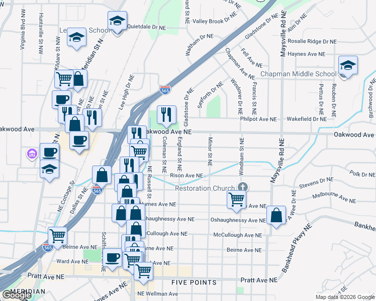 map of restaurants, bars, coffee shops, grocery stores, and more near 1104 Mckinley Avenue Northeast in Huntsville