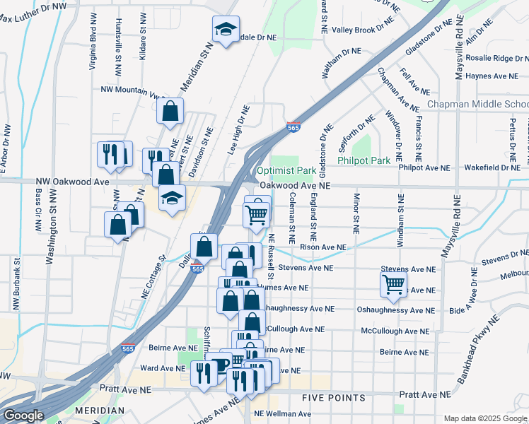 map of restaurants, bars, coffee shops, grocery stores, and more near 715 Halsey Avenue Northeast in Huntsville