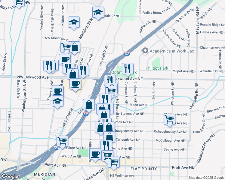 map of restaurants, bars, coffee shops, grocery stores, and more near 715 Halsey Avenue Northeast in Huntsville