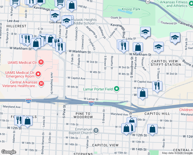 map of restaurants, bars, coffee shops, grocery stores, and more near 3416 West Capitol Avenue in Little Rock