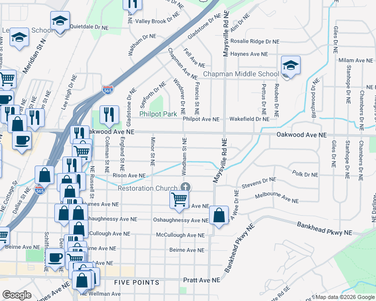 map of restaurants, bars, coffee shops, grocery stores, and more near 1528 Mckinley Avenue Northeast in Huntsville