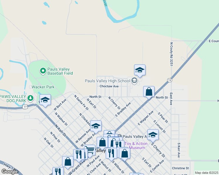 map of restaurants, bars, coffee shops, grocery stores, and more near 127 Sycamore Street in Pauls Valley