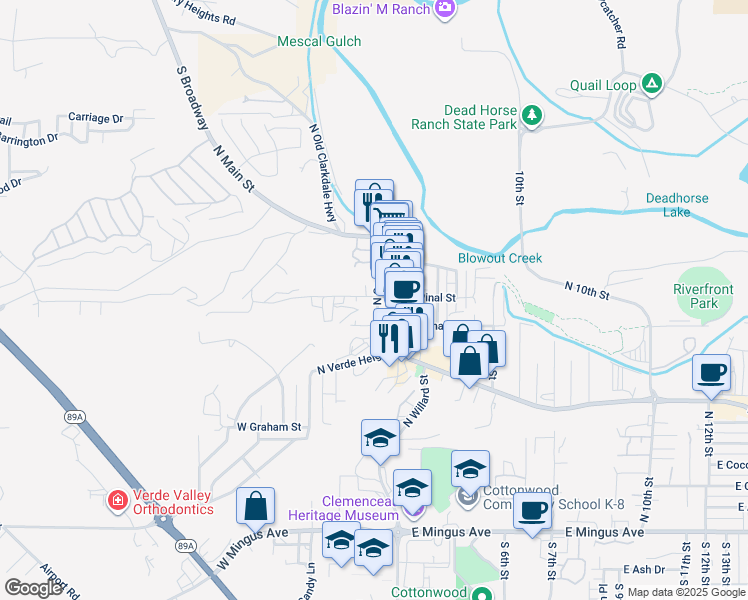 map of restaurants, bars, coffee shops, grocery stores, and more near 113 West Pinal Street in Cottonwood