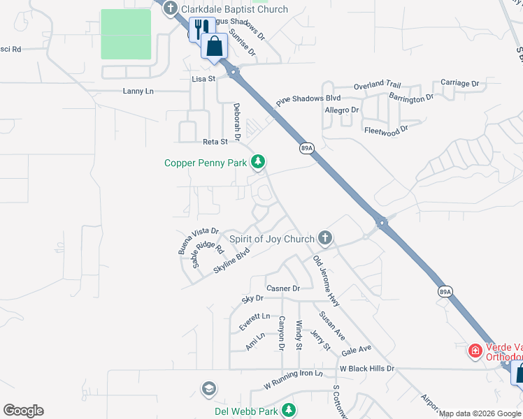map of restaurants, bars, coffee shops, grocery stores, and more near 166 Echo Canyon Drive in Clarkdale