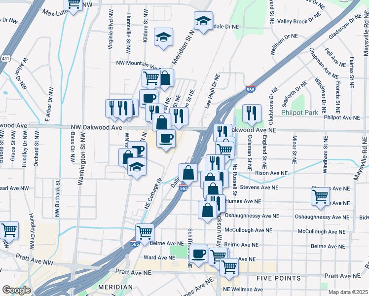 map of restaurants, bars, coffee shops, grocery stores, and more near 415 Halsey Avenue Northeast in Huntsville