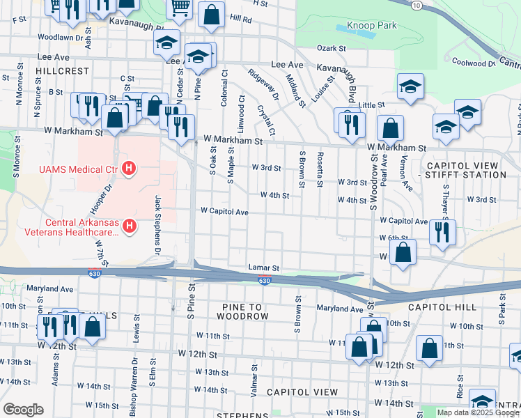 map of restaurants, bars, coffee shops, grocery stores, and more near 3504 West Capitol Avenue in Little Rock