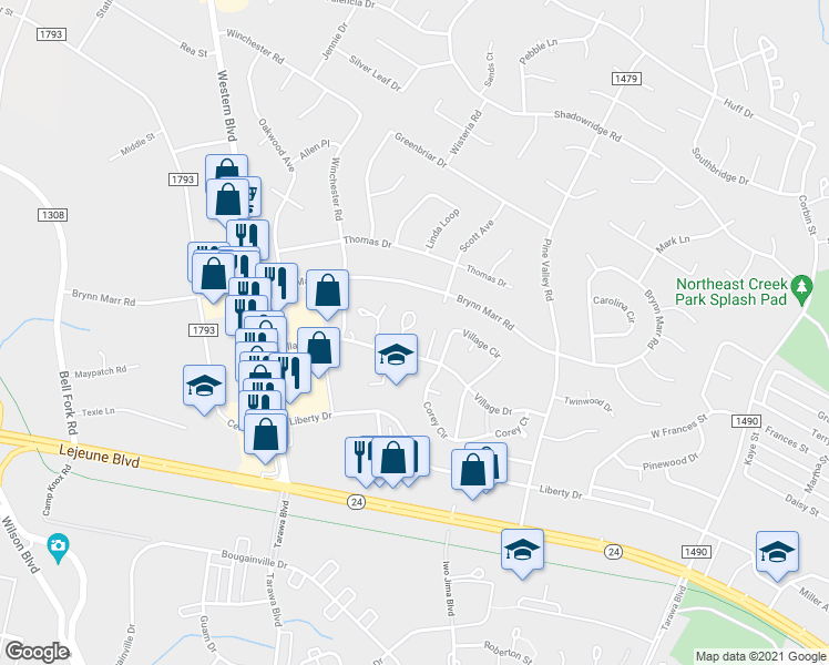 map of restaurants, bars, coffee shops, grocery stores, and more near 120 Palace Circle in Jacksonville