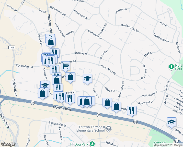 map of restaurants, bars, coffee shops, grocery stores, and more near 110 Palace Circle in Jacksonville
