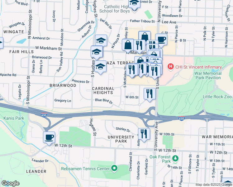 map of restaurants, bars, coffee shops, grocery stores, and more near 11 Bobolink Circle in Little Rock