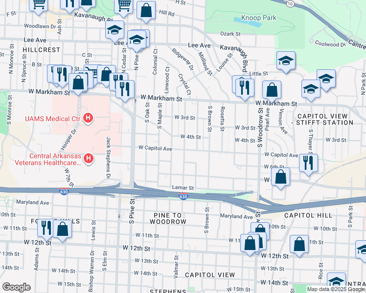 map of restaurants, bars, coffee shops, grocery stores, and more near 3500 West Capitol Avenue in Little Rock