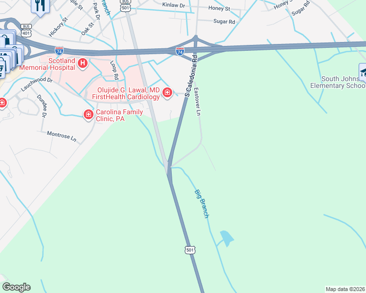 map of restaurants, bars, coffee shops, grocery stores, and more near 12781 South Caledonia Road in Laurinburg