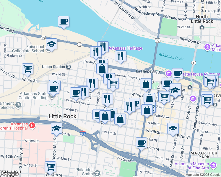 map of restaurants, bars, coffee shops, grocery stores, and more near 938 West 3rd Street in Little Rock