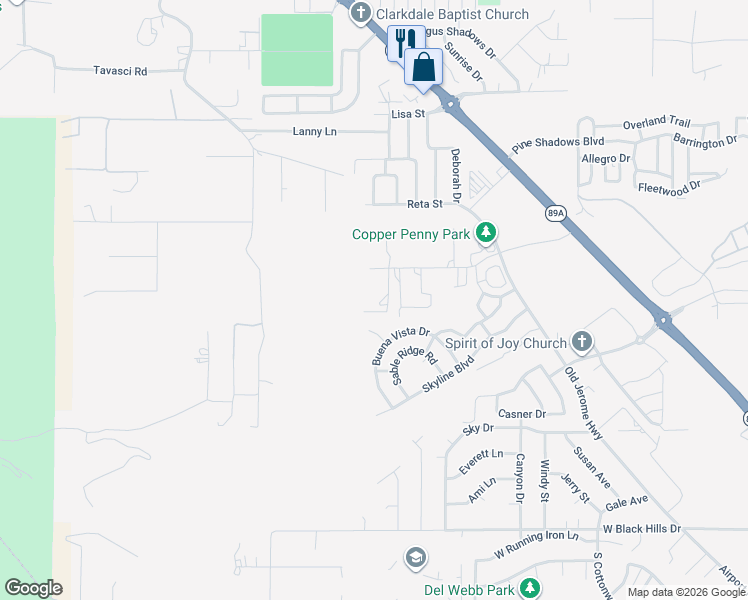 map of restaurants, bars, coffee shops, grocery stores, and more near 1770 Rhinos Place in Clarkdale
