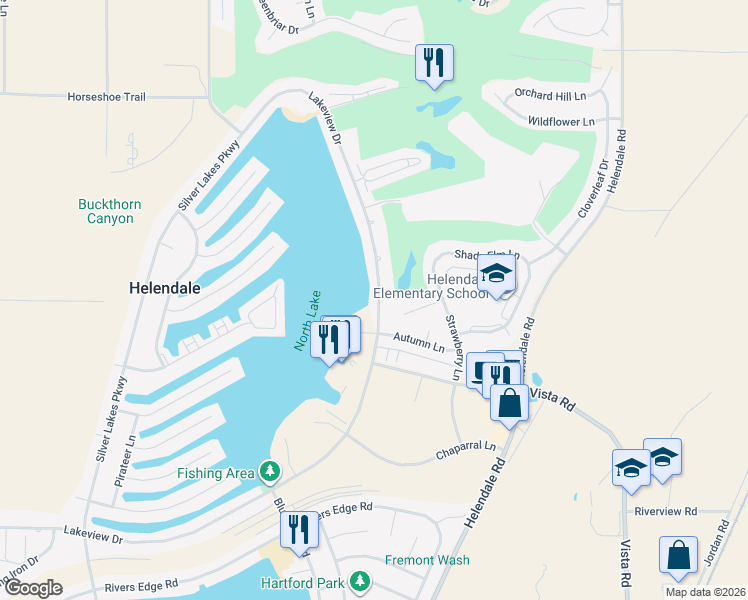 map of restaurants, bars, coffee shops, grocery stores, and more near 27308 Lakeview Drive in Helendale