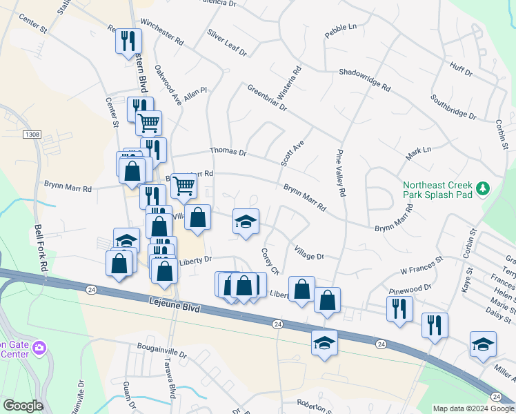 map of restaurants, bars, coffee shops, grocery stores, and more near 122 Palace Circle in Jacksonville