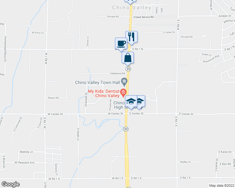map of restaurants, bars, coffee shops, grocery stores, and more near 100 North State Route in Chino Valley