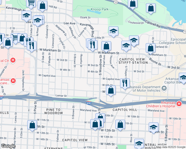 map of restaurants, bars, coffee shops, grocery stores, and more near 3020 West Capitol Avenue in Little Rock