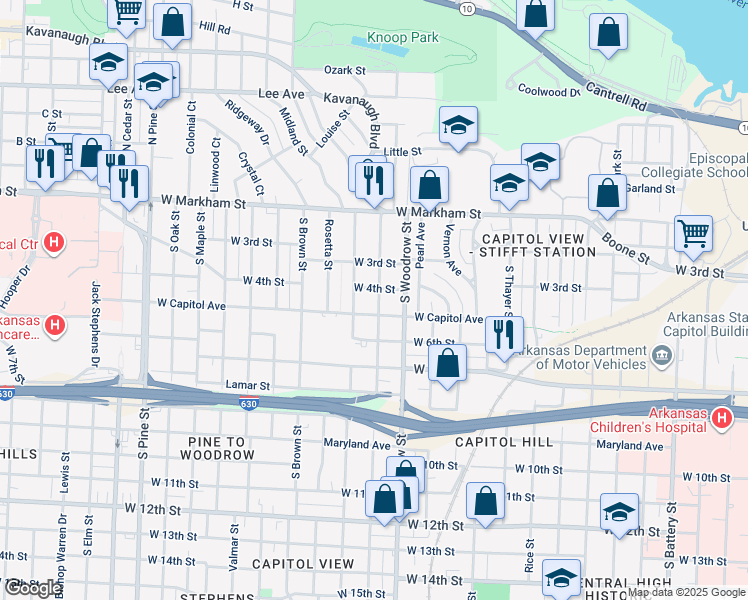map of restaurants, bars, coffee shops, grocery stores, and more near 3020 West Capitol Avenue in Little Rock