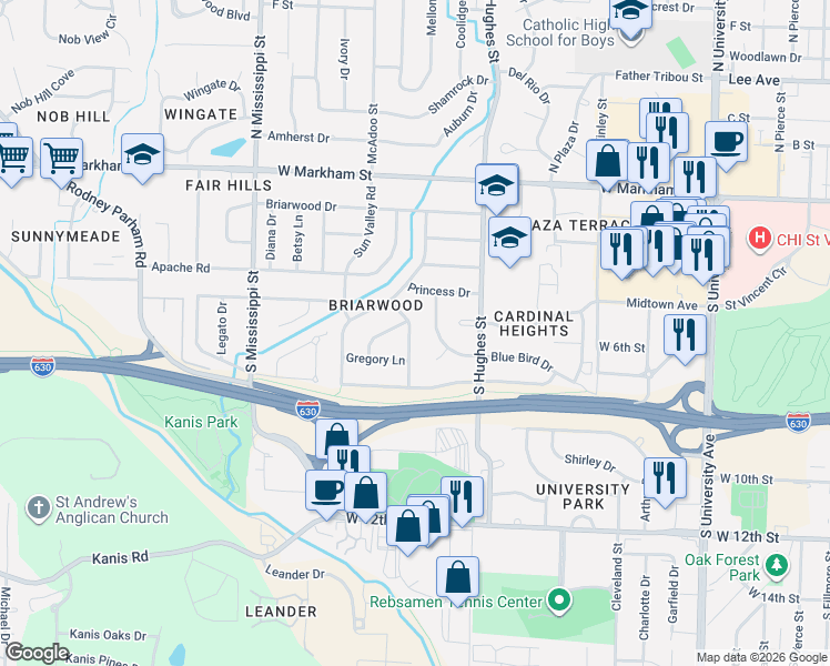 map of restaurants, bars, coffee shops, grocery stores, and more near 6900 Blue Bird Drive in Little Rock