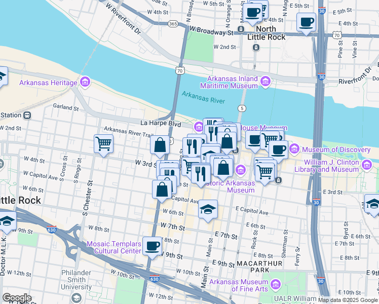 map of restaurants, bars, coffee shops, grocery stores, and more near 300 West 2nd Street in Little Rock