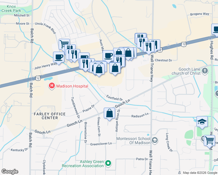map of restaurants, bars, coffee shops, grocery stores, and more near 108 Lonesome Court in Madison