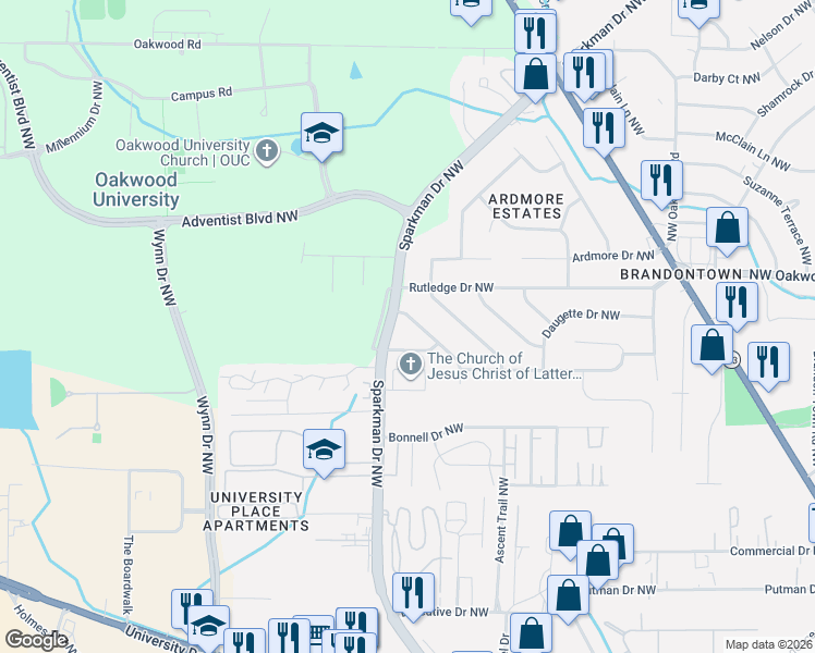 map of restaurants, bars, coffee shops, grocery stores, and more near 1807 Carson Lane Northwest in Huntsville