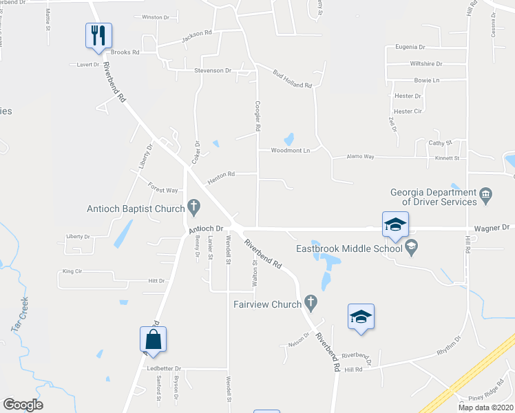 map of restaurants, bars, coffee shops, grocery stores, and more near 1316 Coogler Road in Dalton