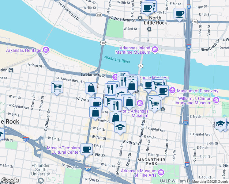 map of restaurants, bars, coffee shops, grocery stores, and more near 111 Center Street in Little Rock