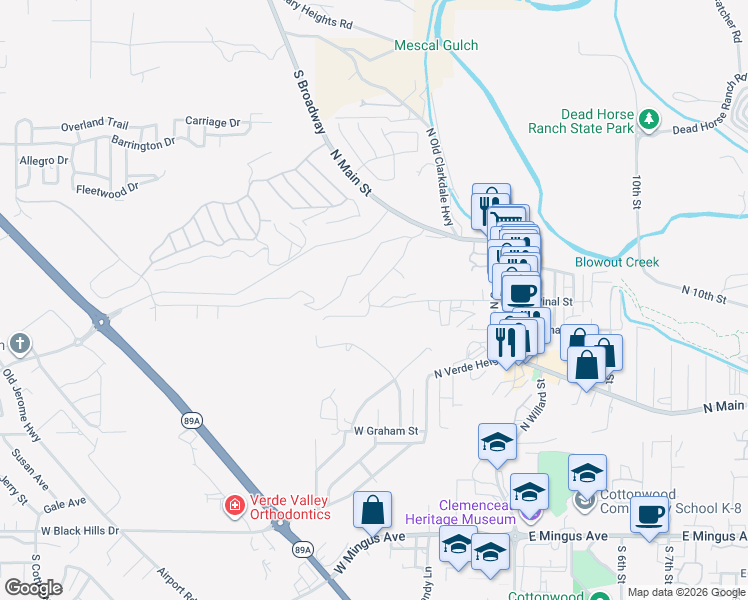 map of restaurants, bars, coffee shops, grocery stores, and more near 483 Kindra Heights Road in Cottonwood