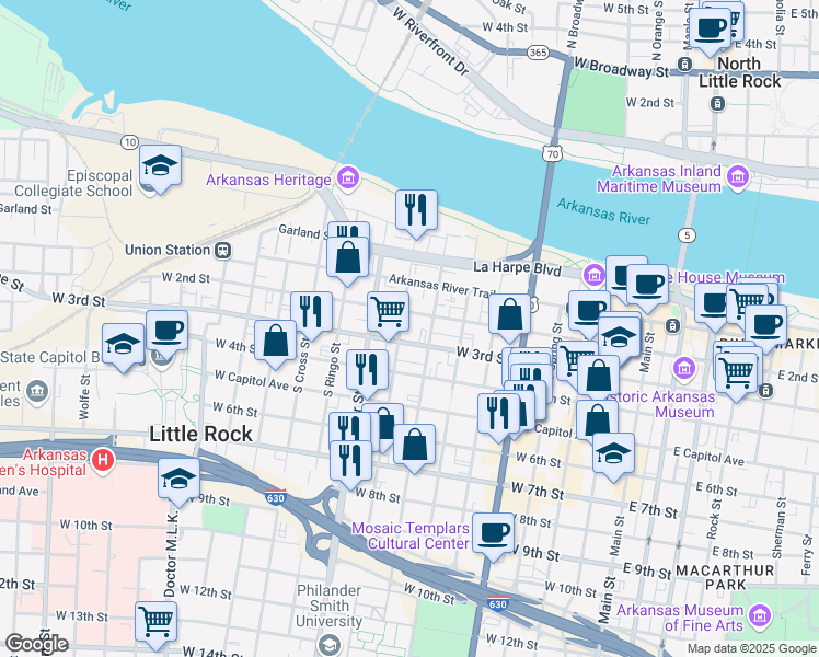 map of restaurants, bars, coffee shops, grocery stores, and more near 201 South Izard Street in Little Rock
