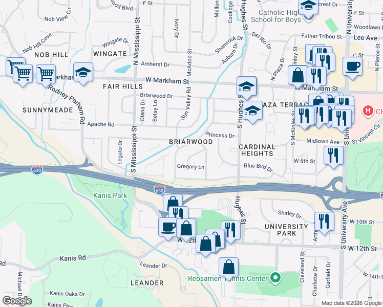 map of restaurants, bars, coffee shops, grocery stores, and more near 7 Tomahawk Road in Little Rock