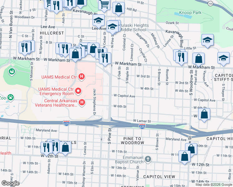 map of restaurants, bars, coffee shops, grocery stores, and more near 3804 West Capitol Avenue in Little Rock