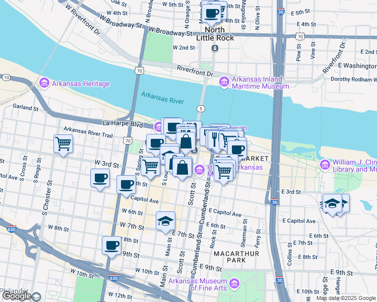 map of restaurants, bars, coffee shops, grocery stores, and more near 112 East Markham Street in Little Rock