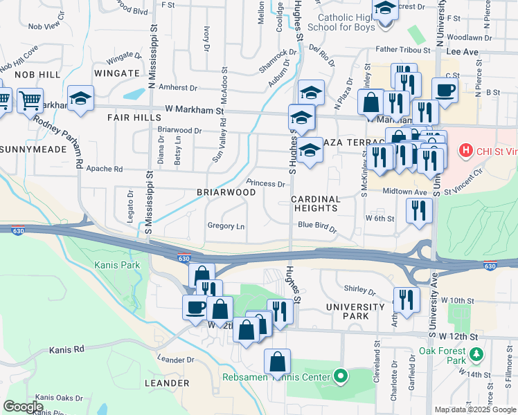 map of restaurants, bars, coffee shops, grocery stores, and more near 6900 Blue Bird Drive in Little Rock