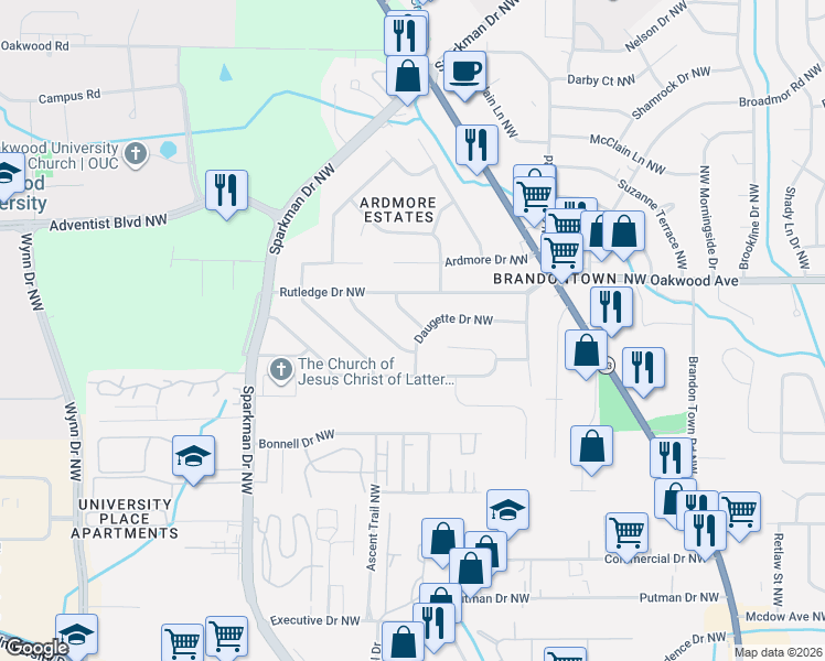 map of restaurants, bars, coffee shops, grocery stores, and more near 1800 Rankin Place Northwest in Huntsville