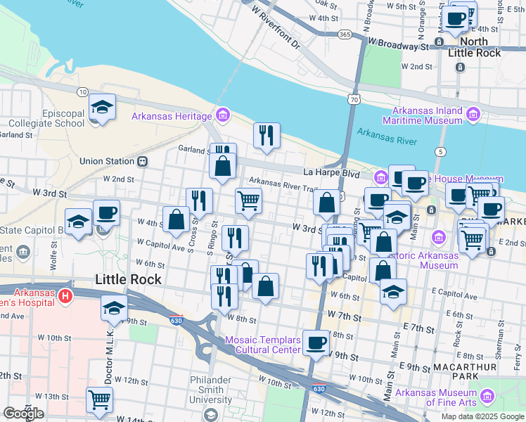 map of restaurants, bars, coffee shops, grocery stores, and more near 901 West 3rd Street in Little Rock