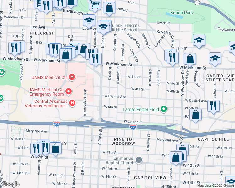 map of restaurants, bars, coffee shops, grocery stores, and more near 500 South Maple Street in Little Rock