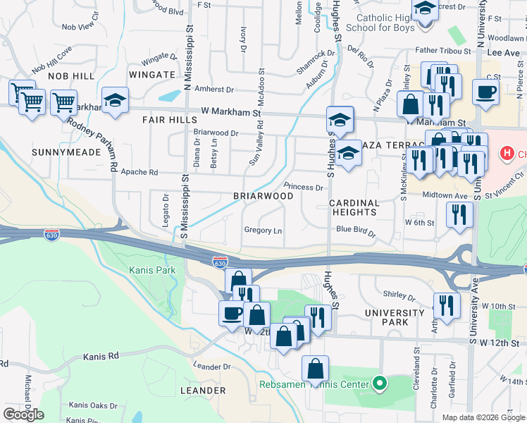 map of restaurants, bars, coffee shops, grocery stores, and more near 7 Tomahawk Road in Little Rock