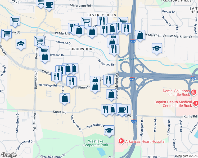 map of restaurants, bars, coffee shops, grocery stores, and more near 10960 Financial Centre Parkway in Little Rock