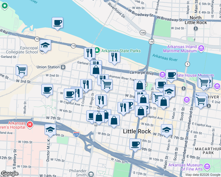 map of restaurants, bars, coffee shops, grocery stores, and more near 901 West 3rd Street in Little Rock