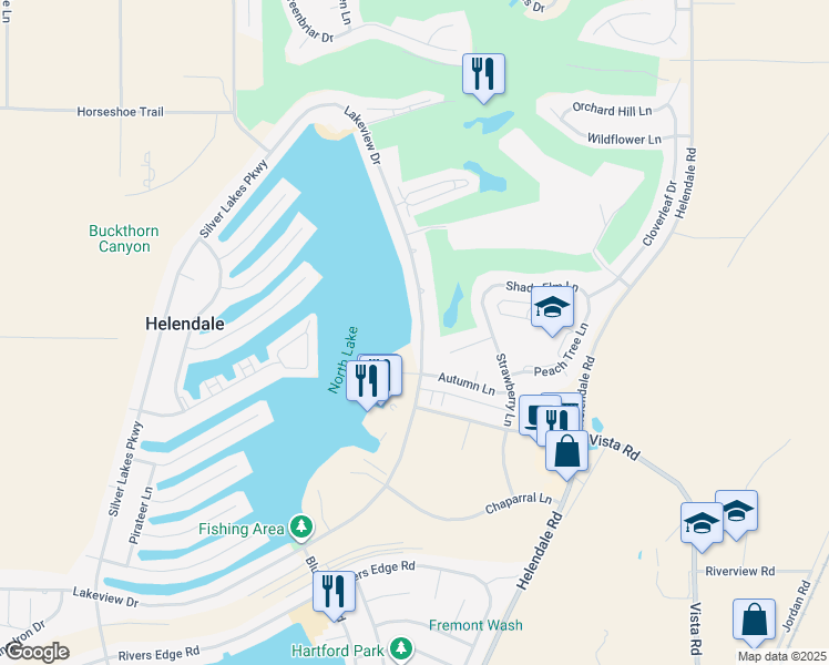 map of restaurants, bars, coffee shops, grocery stores, and more near 27316 Lakeview Drive in Helendale