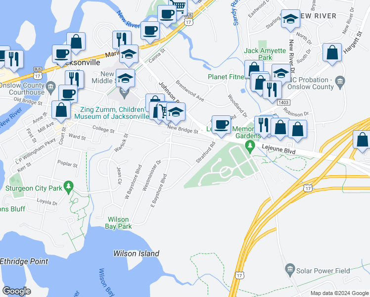 map of restaurants, bars, coffee shops, grocery stores, and more near 206 Canterbury Road in Jacksonville