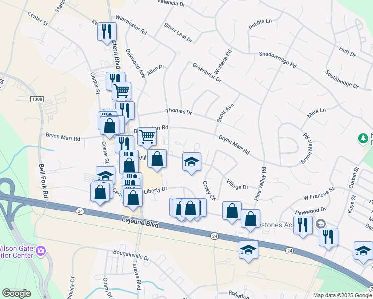 map of restaurants, bars, coffee shops, grocery stores, and more near 110 Palace Circle in Jacksonville