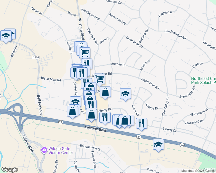 map of restaurants, bars, coffee shops, grocery stores, and more near 99 Village Drive in Jacksonville