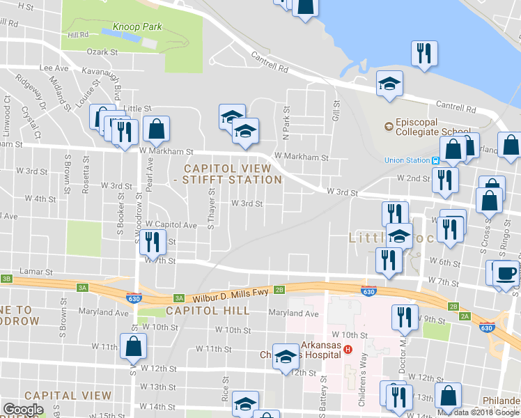 map of restaurants, bars, coffee shops, grocery stores, and more near 304 Barton Street in Little Rock