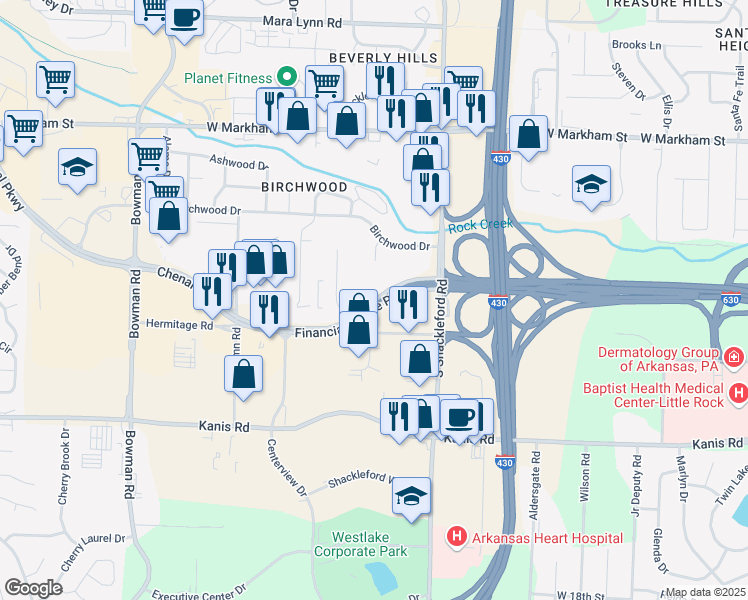 map of restaurants, bars, coffee shops, grocery stores, and more near 10900 Financial Centre Parkway in Little Rock