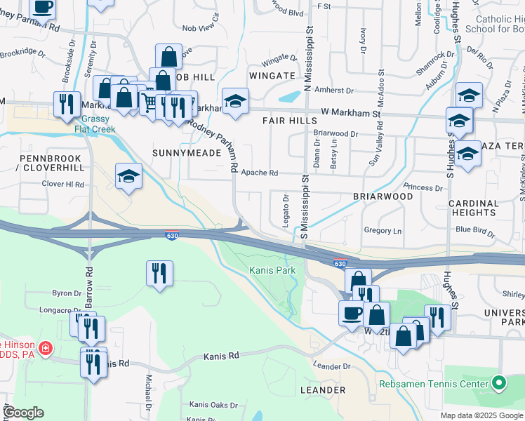 map of restaurants, bars, coffee shops, grocery stores, and more near 715 Ouachita Drive in Little Rock