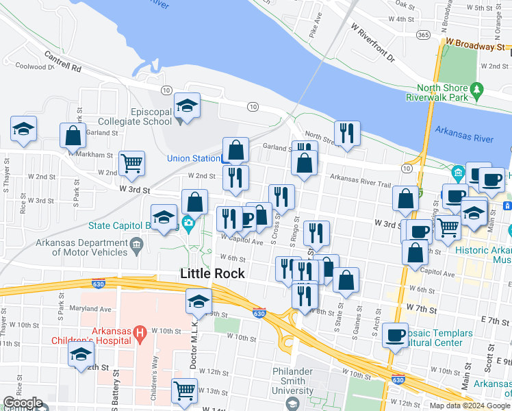 map of restaurants, bars, coffee shops, grocery stores, and more near 300 South Pulaski Street in Little Rock